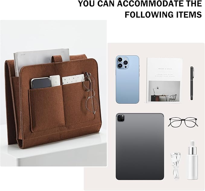 YOUDENOVA Bedside Caddy, Bedside Organizer for Dorm Room, Bunk Bed, Brown