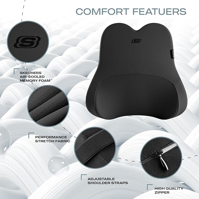 Skechers Air-Cooled & Memory Foam Lumbar Pillow,Lumbar Support Pillow for Office,Chair Lower Back Pain Relief Lumbar Pillow,Ergonomic Design Back Support Pillow for Office Chair,Car,Home,Travel,Black