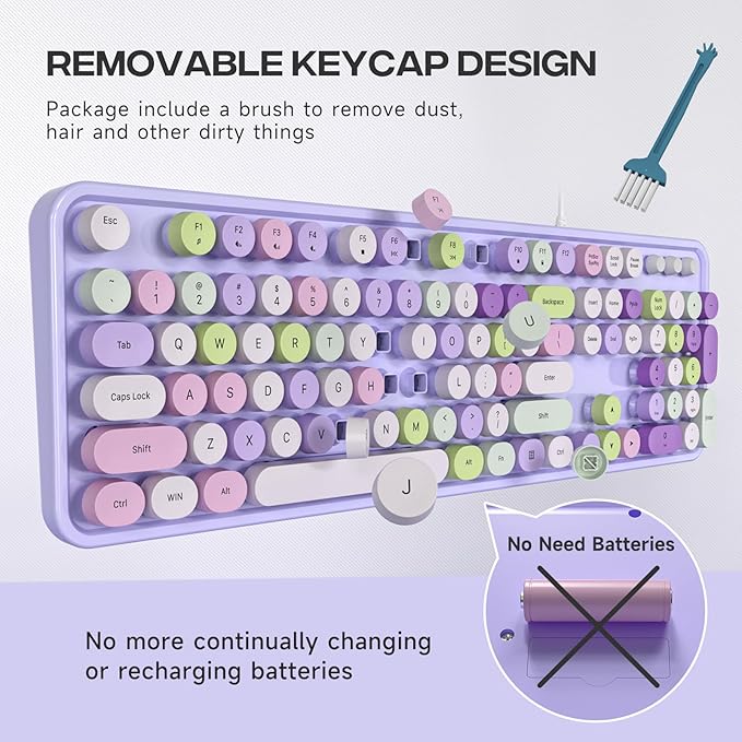 Computer Keyboard Wired, Plug and Play USB Retro Round Typewriter Keyboard, Full Size Wired Keyboard with Foldable Stands for Laptop and Office PC- Purple Colorful