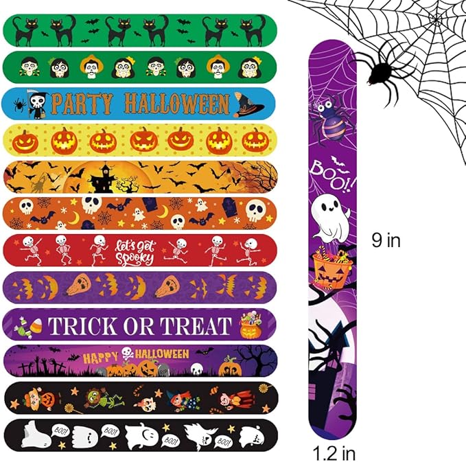 Halloween Slap Bracelet,100Pcs Slap Bracelet Wristbands with Spider Pumpkin Ghost Zombie Bat Witches Design Snap Bracelet for Kids Party Favors Toys Prizes Goodie Bags Fillers