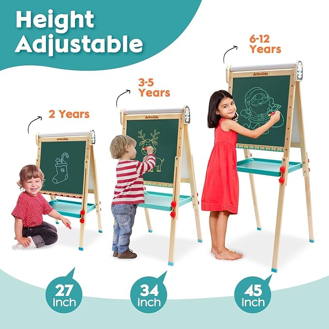 Children's Art Easel with Paper Roll,Double-Sided Whiteboard&Chalkboard,Adjustable Magnetic Standing Easel with Numbers and Other Accessories,Painting Easel for Girls Boys