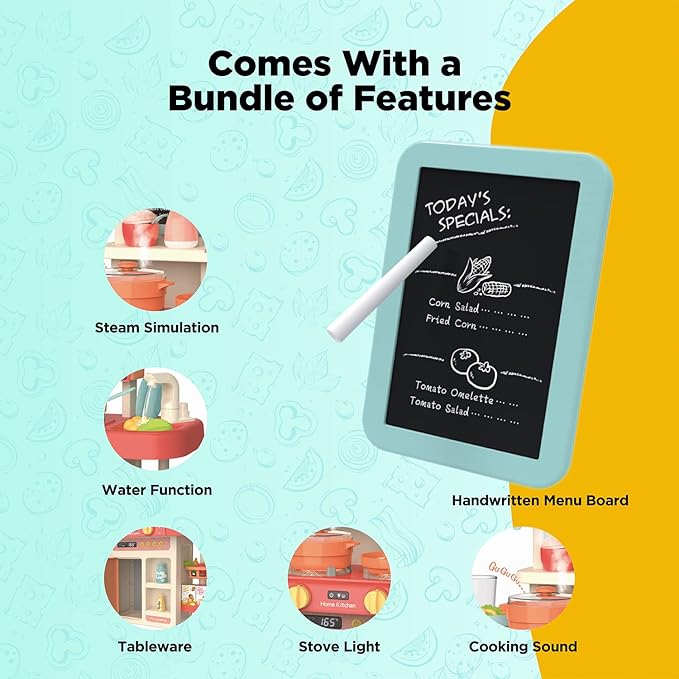 Kitchen Play Set with Accessories- Mini Kitchen Set with Realistic Light Sound Steam Simulation- Indoor Games Cooking Playset with Water Outlet- Toys for Toddlers Children & Girls