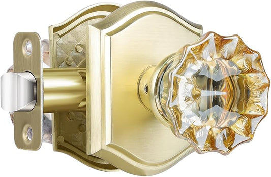CLCTK Champagne Crystal Door Knobs Interior, Gold Satin Brass Passage Glass Door Knobs for Hall Closet