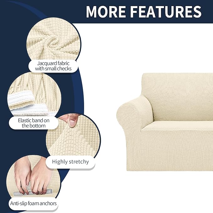 2025 New Stretch Sofa Slipcovers Couch Cover for 3 Cushion Furniture Protector Sofa Covers with Elastic Bottom Jacquard Fabric Small Checks for Pets, Kids -Sofa, Beige