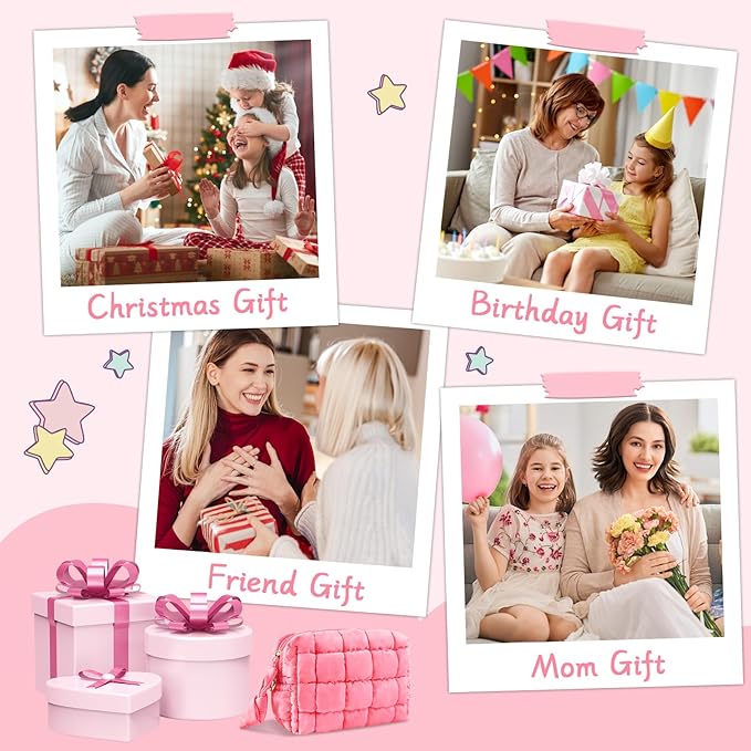 Puffer Quilted Makeup Bag Cosmetic Bags,Puffy Travel Toiletry Pouch for Women,Cute Checkered Zipper Bag Travel Essential,Portable Aesthetic Make up Organizer Bag for Gifts Work Daily(Pink,S)