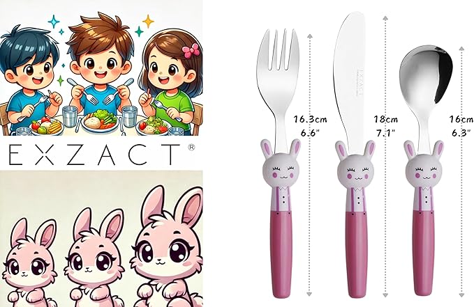 Exzact Children Flatware Pink Rabbit 6pcs Stainless Steel, Kids Silverware Toddler Utensils - BPA Free, Dishwasher Safe, 24M+