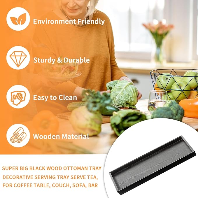 40 x 24 Inches Extra Large Solid Wood Serving Tray for Tea Coffee Table Snack Food Meals Serving Plate Kitchen Party Bar Breakfast Server with Raised Edges Black Wooden Decorative Ottoman Tray
