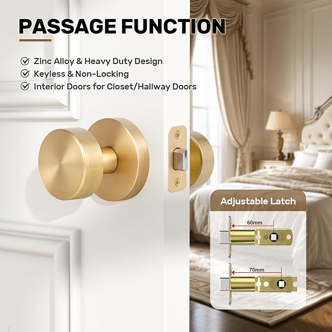 Satin Brass Door Knob Passage Door Knobs Interior Brushed Brass Closet Door Knobs Modern Round Gold Door knob Indoor for Closet Hallway