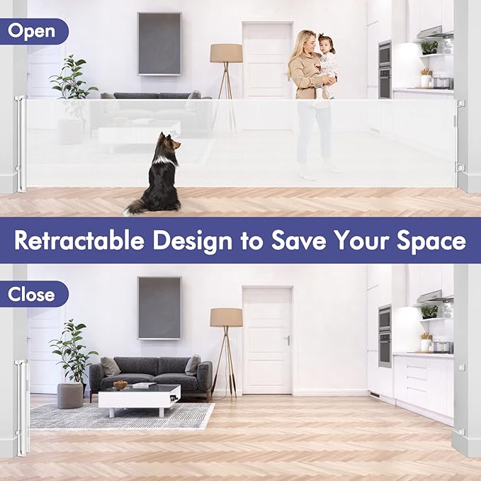 145 Inch Retractable Baby Gates Extra Wide Dog Gate for Extra Wide Openings Retractable Dog Gate Indoor Outdoor Retractable Gate Mesh Baby Gate Extra Long Baby Gate for Stairs, Doorways, White