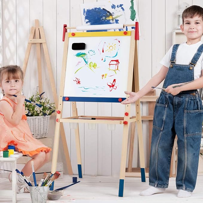 Costzon 3 in 1 Kids Art Easel with Paper Roll, Double Sided Dry Erase Chalkboard & Whiteboard, Height Adjustable Standing Easel with Storage, Painting Accessories, Magnetic Drawing Easel for Toddlers