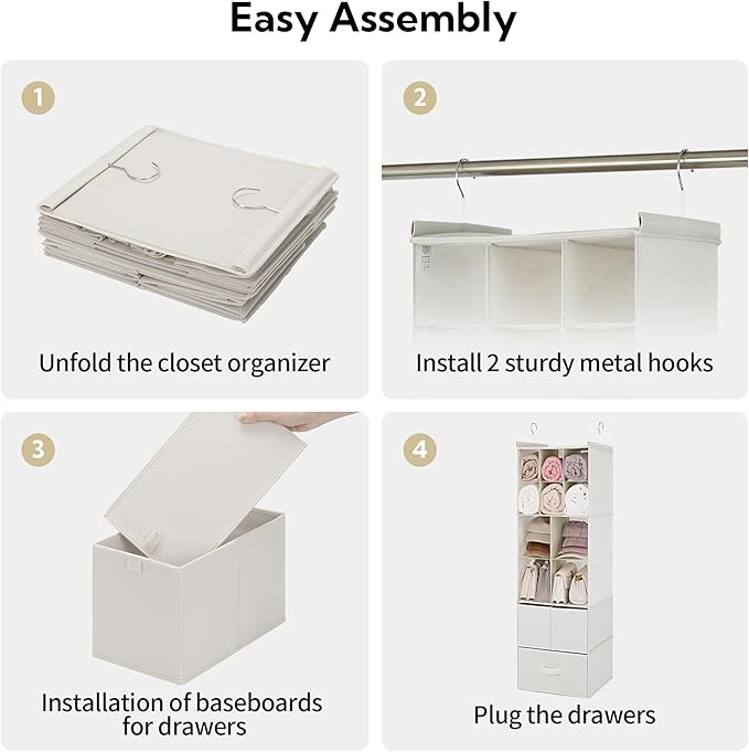 GRANNY SAYS Hanging Closet Organizer with Drawers, 6 Shelf Dividers Closet Hanging Organizer, Portable Foldable Hanging Shelves for Closet, Dorm Room, Bedroom, Kids Room, Beige