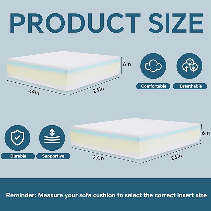 BALAPET Couch Cushion Replacement Memory Foam Upholstery Square Cushion, Sofa Cushions Inserts with Dacron Fiber Layer, High Density Foam Wrapped with Memory Foam & Polyester Batting(24 * 27 * 6in)