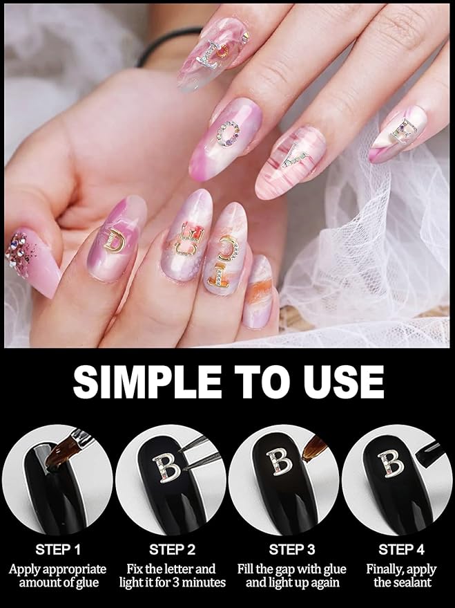 52Pcs Rhinetone Letters Nail Studs, Kalolary Gold Silver 3D Capital Rhinetone Nail Letter English Alphabet Stud Charm DIY Manicure Nails Jewelry Making Crafts Decoration for Women Girls