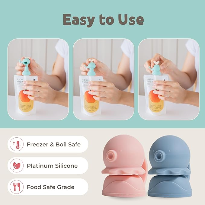 Octopus | Blue, Pink | SoftSip Food Pouch Toppper | 2EA + Travel Case | Prevent Spills & Leakage | Protect Child Baby Toddler Mouth | Food Grade Silicone Reusable | Baby Led Weaning | BPA Free