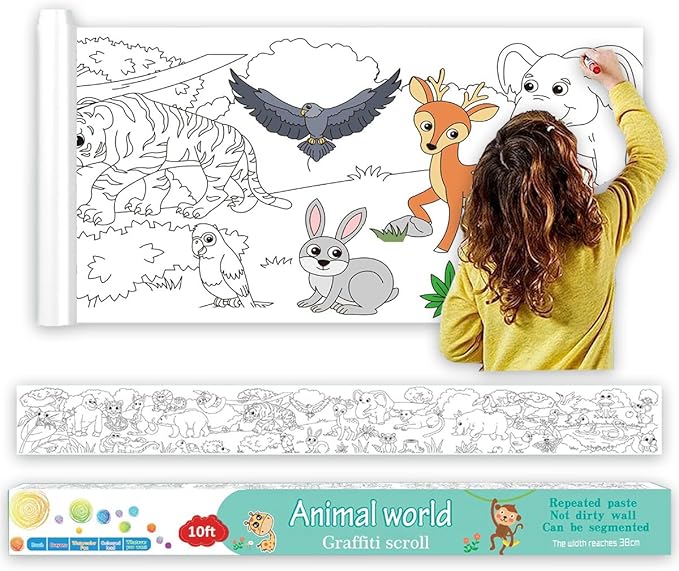 Large Size Coloring Paper Roll for Kids, Toddler Drawing Paper Roll,DIY Sticky Wall Painting Color Filling Paper,Creative Early Educational Toys for Toddlers 120 * 15 Inch (Animal)