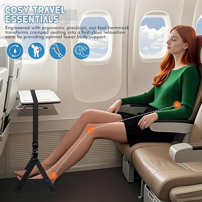 Airplane Foot Hammock for Plane Travel, Heavy-Duty Adjustable Foot Rest with Reinforced Metal Buckles, Ergonomic Bamboo Foot Hammock for Airplane&Car Use, Portable Airplane Travel Essentials