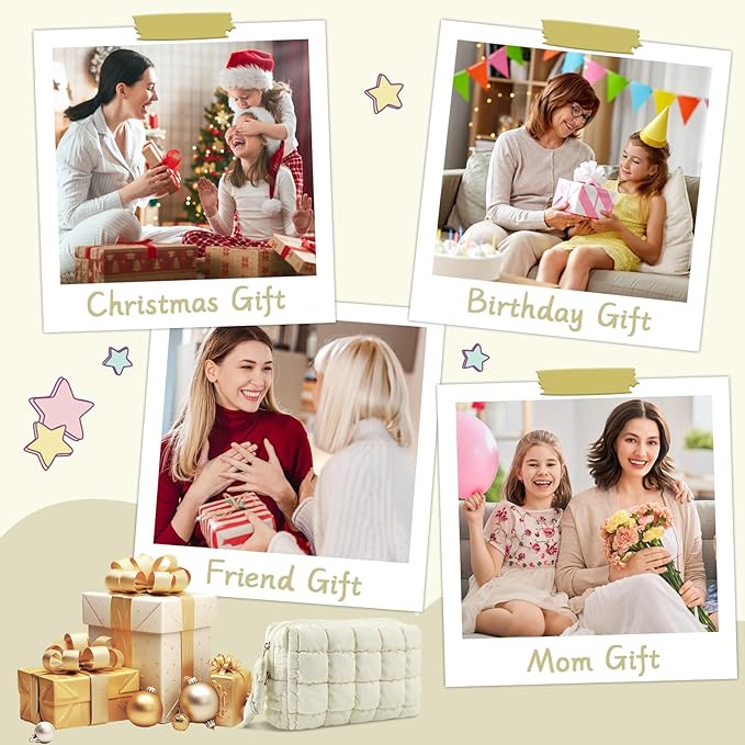 Puffer Quilted Makeup Bag Cosmetic Bags,Puffy Travel Toiletry Pouch for Women,Cute Checkered Zipper Bag Travel Essential,Portable Aesthetic Make up Organizer Bag for Gifts Work Daily(Beige,M)