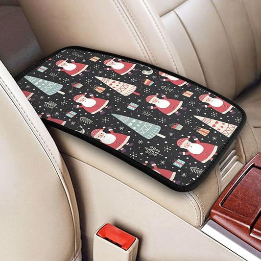 Cute Winter Santa Christmas Trees Gifts Snowflakes Snow Tree Black Auto Center Console Armrest Pad Universal Car Center Console Cover Seat Box Cover For Sedan, Van, Suv, Truck Car Accessorie