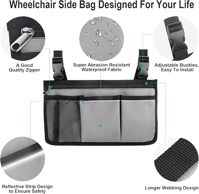 Wheelchair Side Bag, Armrest Storage Pouch with Cup Holder and Reflective Strip Use of Waterproof Fabric, for Most Wheelchairs, Walkers or Rollators (Gray)