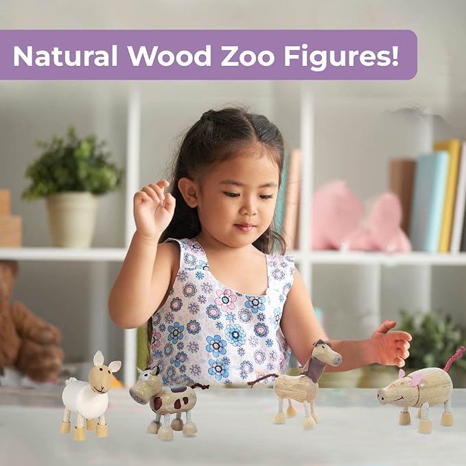 TEKOR Wooden Bendable Farm Animal Toys (Set of 4) | Ages 3 & Up | Early Education Toy Animals for Kids | Fun Montessori Toys | Smooth Natural Wood | Endless Play for Girls & Boys | Non-Toxic Paint |
