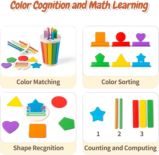 Montessori Toys for 1 2 3 Year Old, 3 in1 Wooden Learning Color Sorting Toys for Toddlers 12-36 Month Old, Wooden Educational Toy, Fine Motor Developmental Sensory Matching Games