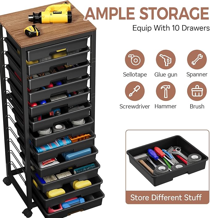 Rolling Cart with Drawers,12 Drawer Rolling Cart,Rolling storage cart with drawers,Black Rolling Drawer Cart,Teacher Rolling Cart for Classroom Storage,Craft Cart with Wooden Tabletop