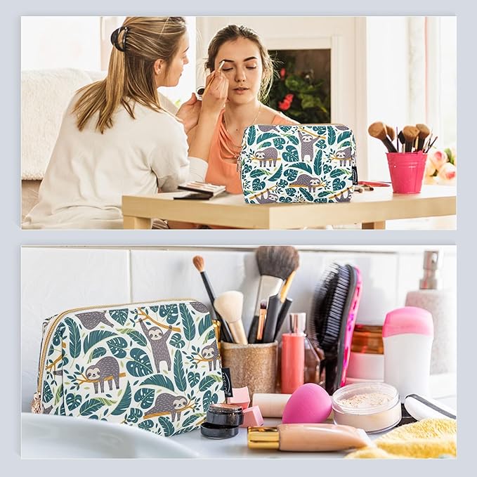Aosbos Small Travel Makeup Pouch - Cosmetic Bag for Women - Green Leaf