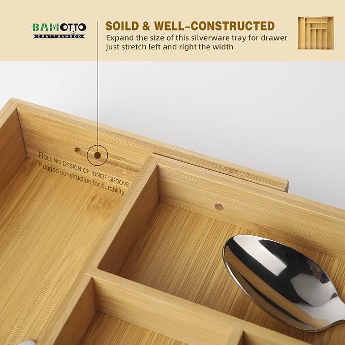 BAMOTTO CRAFTBAMBOO Expandable Bamboo Drawer Organizer – Large 20"x16.9" Size with Adjustable Dividers – for Kitchen Utensils, Knives, Cutlery, Flatware & Silverware Storage Tray