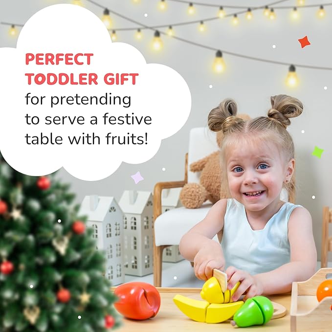 Bimi Boo Wooden Cutting Fruit Set Toy - Play Food Kitchen Accessory, Pretend Play for Toddlers (6 Fruits, Knife, Cutting Board, and Storage Tray)