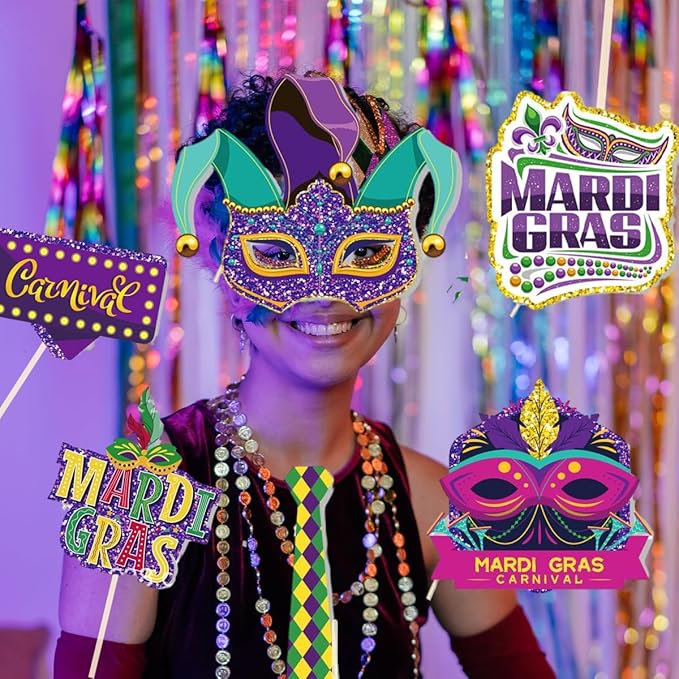 219 Pcs Mardi Gras Party Favors Set, Mardi Gras Masks, Bracelets, Beads Necklaces, Photo Booth Props, Temporary Tattoos Stickers and Coins Set, for Mardi Gras Parade Masquerade Party Decorations