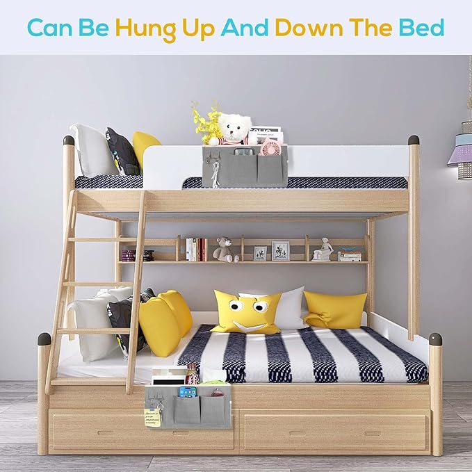 1pcs Bedside Caddy Hanging Storage Bag, Organizer Baskets with Pockets for Bunk Bed Accessories, Loft & Dorm Rooms Chair Bed Rails (Grey-1pcs)