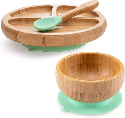 Baby Bamboo Suction Plate, Bowl and Spoon Set, Wooden Feeding Set for Toddler 1-3 Year Old, Silicone Suction Sticks to Most High Chairs for Non Slip & Silicone Spoon Tips with Wood Handle