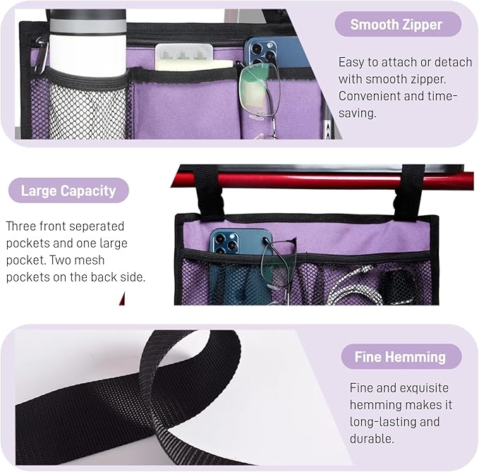 WEEOATAR Wheelchair Side Bags Storage Pouch with Cup Holder, Water-Resistant, Easy to Use with Release Buckle, Side Pocket with Reflective Stripe for Wheelchairs, Walkers or Rollator (Purple)