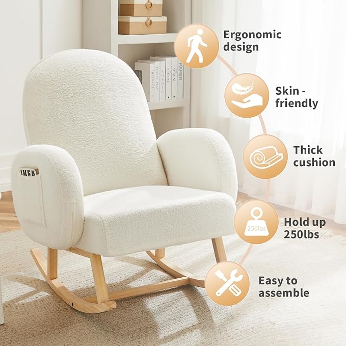 Upholstered Rocking Chair, Glider Chair with Side Pocket, Rocking Accent Chair with Rubber Wood Legs, Wooden Nursery Rocking Chair for Living Room, Bedroom, Nursery