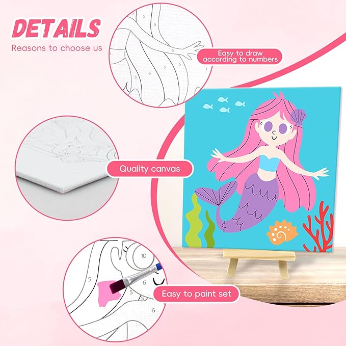 Kids Paint by Number Kits Including 6 Pre-Drawn Canvas for Painting, 6 Brushes 17 Paints and 2 Easels, Perfect Art Painting Kit for Kids, Arts and Crafts Painting for Kids Ages 8-12