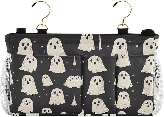 Cute Halloween Ghost Blacck Bedside Caddy for Dorm Bed Bedside Hanging Caddy Bag Iron Frame Storage Organizer Pocket for Bunk Home College Hospital Beds 2 Hooks