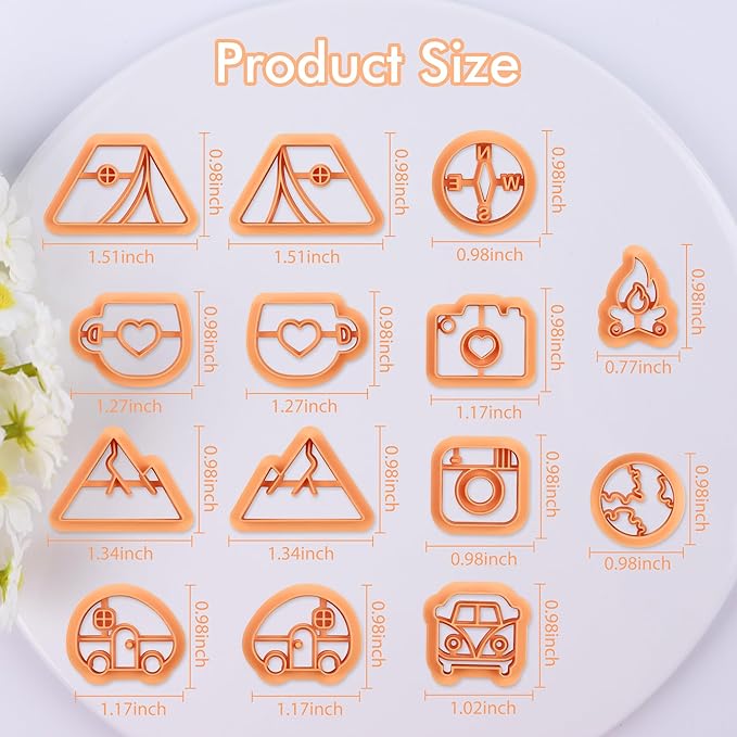 Puocaon Camping Polymer Clay Cutters - 14 Pcs Clay Cutters for Polymer Clay Earrings Making, 3D Print Camper Theme Polymer Clay Cutters, Compass Van Tents Cups Bus Hill Camera Clay Jewelry Cutters