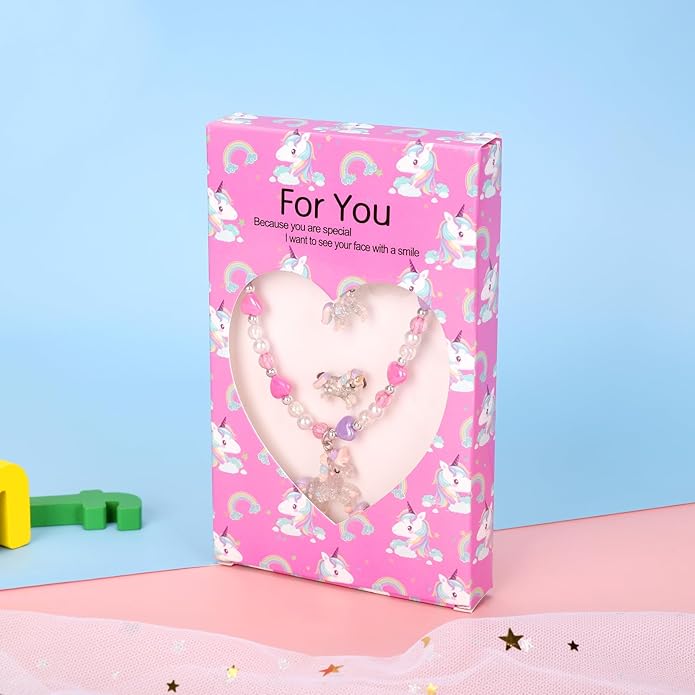 Girls Play Necklace and Bracelets Ring Clip on Earrings Toddler Unicorn Jewelry Kids Little Girls Unicorn Necklace Set Charm Bling Bling Unicorn Pendants Party Favors Toddlers Colorful Dress up Jewelry Gifts-AA002