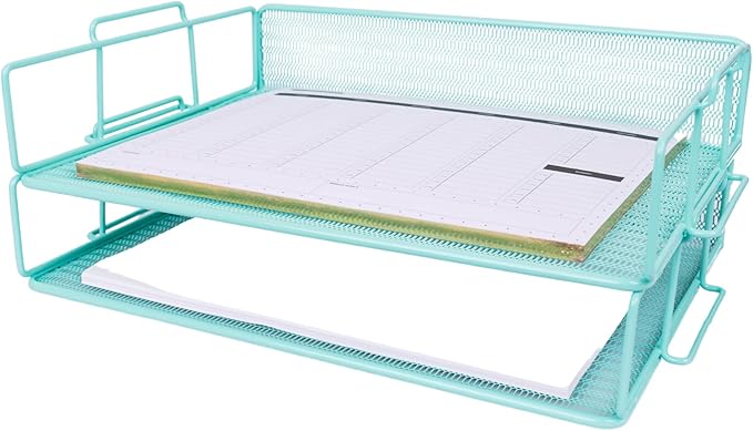 BLU MONACO Aqua Mesh Paper Tray Set of 2 | Stackable Letter Trays for Desk Storage | Metal Document Holder and File Organizer for Home, Office and School | 13” x 9.8” x 5.6” Workspace Organizer
