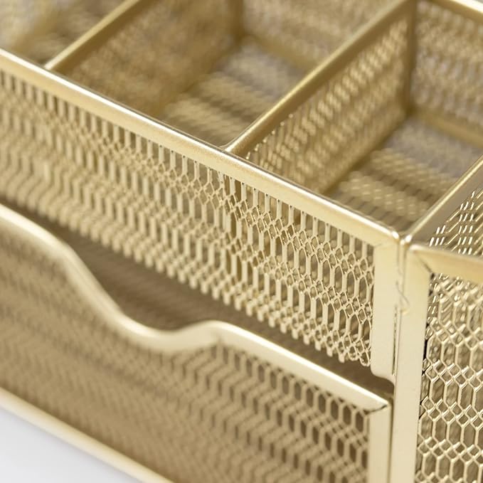 BLU MONACO | Gold Desk Organizer Set with Drawer | Metal Mesh Desk Accessories for Women | Stylish Desktop Organizer for Office Storage, Supplies & Small Stationery