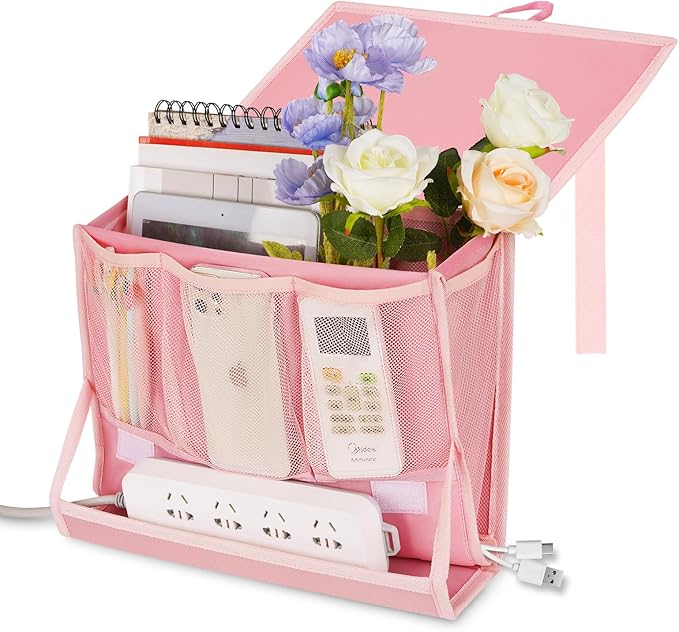 Bedside Caddy Bedside Storage Organizer Bedside Organizer with Power Strip Holder and 2 Adjustable Straps for Home Bunk Bed Dorm Sofa (Pink)