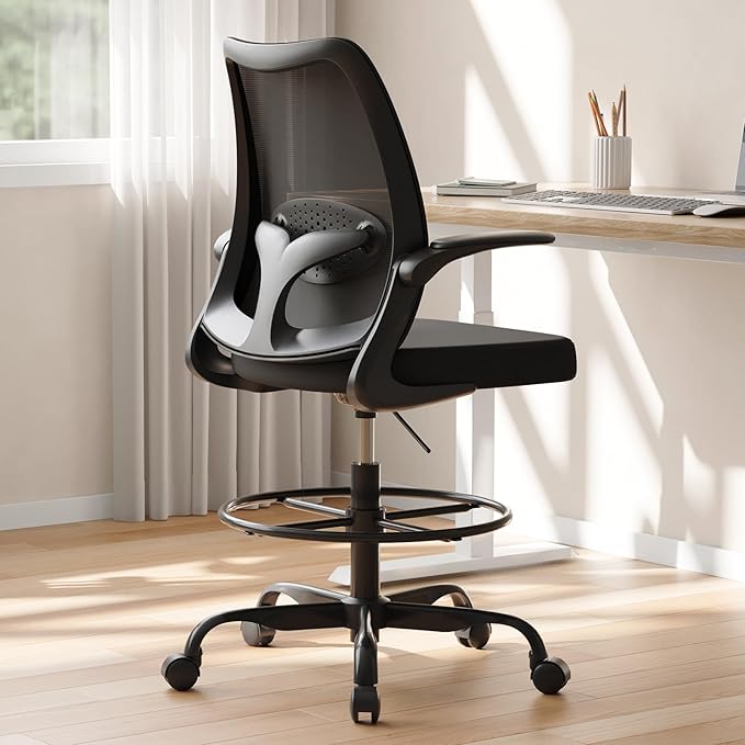 Drafting Chair,Tall Office Chair with Adjustable Footrest Ring,Lumbar Support,Ergonomic High Desk Seat,Flip-Up Armrests,Breathable Mesh Standing Stool for Home Office,Black