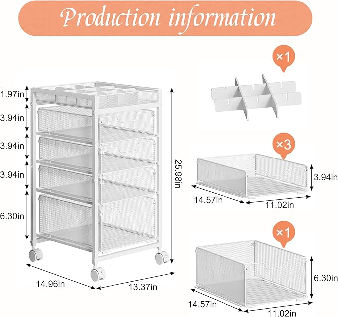 Rolling Utility Cart with 4 Drawers, Craft Organizer and Storage Carts with DIY Divider, Lockable Wheels Storage Organizer for Art Supplies, Store for Brushes & Paints & Artifacts, White