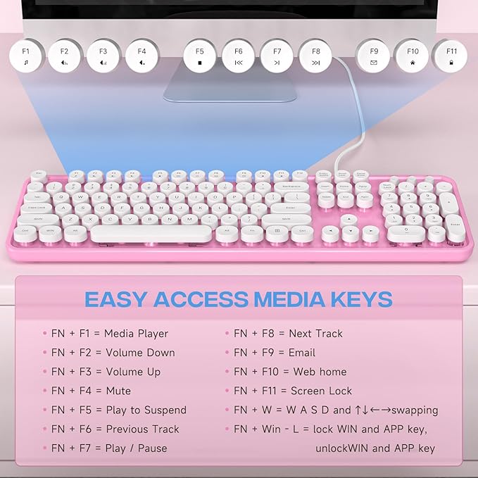 Computer Keyboard Wired, Plug and Play USB Retro Round Typewriter Keyboard, Full Size Wired Keyboard with Foldable Stands for Laptop and Office PC- Pink&White Colorful