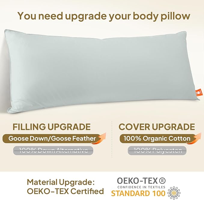 Goose Down Body Pillows for Adults, Large Body Pillow for Side Sleeper, Hugging Feather Body Pillow Insert, Cooling Full Length Long Pillow for Bed with 100% Organic Cotton Shell, 20"x60" Baby Blue