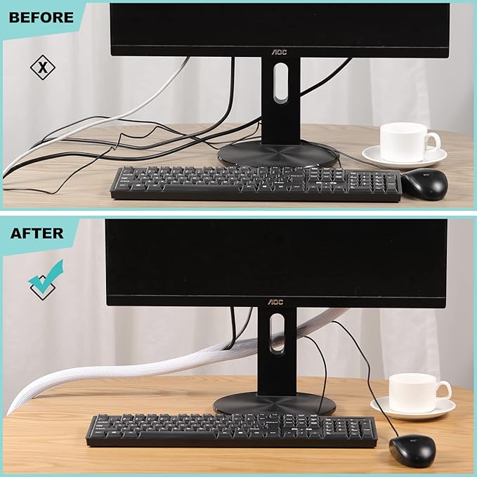 AGPTEK Cable Sleeve Cover, 10ft - 1 inch Cord Management Wire Organizer Under Desk, Home Office Computer Wire Cover Hider Cord Protector, Protect Pet Cat Dog from Chewing, White