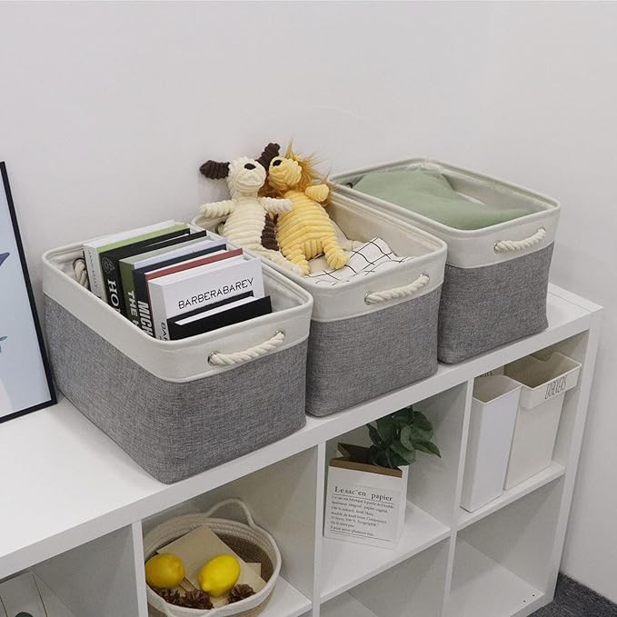 Bidtakay Baskets Set of 3 Storage Baskets for Organizing Large Fabric Storage Bins for Shelves Decorative Canvas Bins Collapsible Empty Baskets for Closet,Nursery,Clothes,Toys,Shoes(White&Grey)