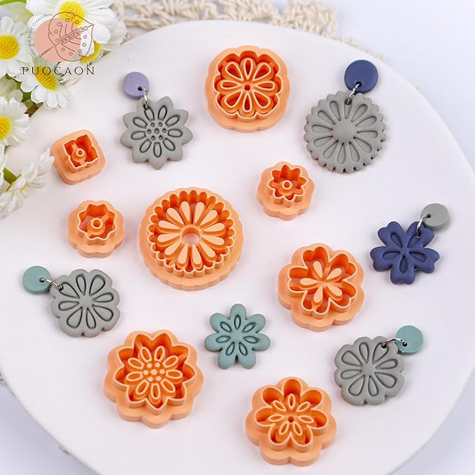 Puocaon Floral Polymer Clay Cutters - 8 Pcs Mexican Tile Clay Cutters for Earrings, 3D Print Embossed Clay Cutters for Polymer Clay Jewelry Making, Hollow Flower Clay Earring Cutters for Polymer Clay