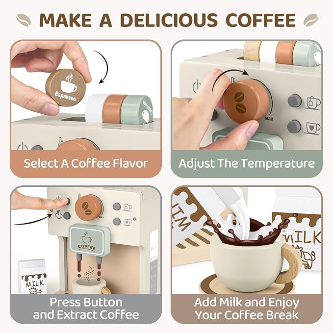 Airlab Toy Coffee Maker for Kids Wooden Kitchen Accessories Pretend Play Toddler Coffee Playset for Girls Boys Ages 3 4 5 Years Birthday Gifts