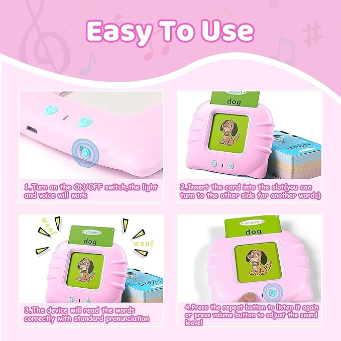 Talking Cards for Toddlers,Christmas Birthday Gifts for Boys Age 1-5,Educational Learning Interactive Toys for Kids Autism Toys Speech Therapy Toys Autism Toys with 224 Sight Words-Pink